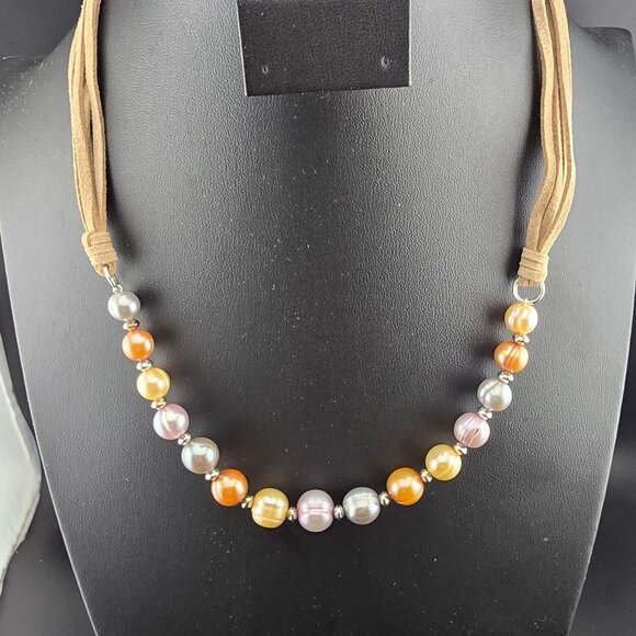 NWT Honora Multi-Color Cultured  Pearl Necklace Tan Cord Adjustable Box & Bag - Picture 2 of 10